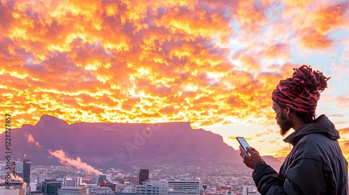 Vibrant Sunset over Cape Town Cityscape Man on Phone