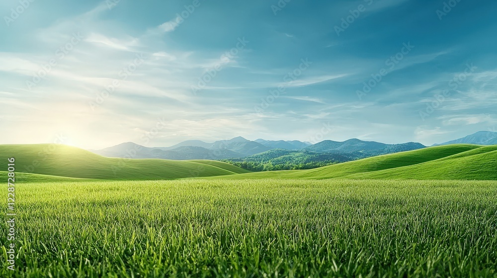 Fototapeta premium Serene Landscape with Rolling Green Hills and Blue Sky