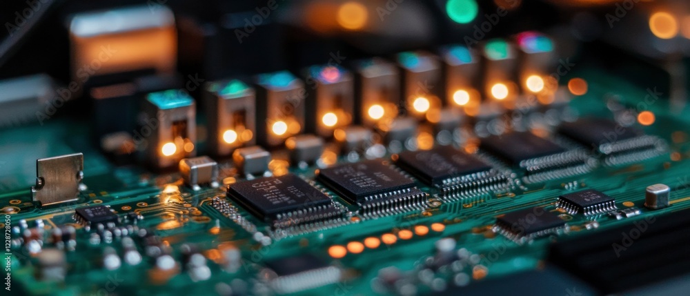Obraz premium Close up Circuit Board Microchip Technology Neon Lights Electronic Components High Tec