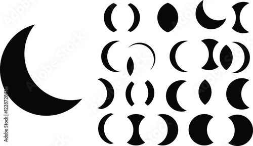 Moon and Crescent Icon in flat Set Vector Design for apps or website isolated on transparent background moon Lunar phases, cycles vector clipart. New, Full Moon, Waning Crescent