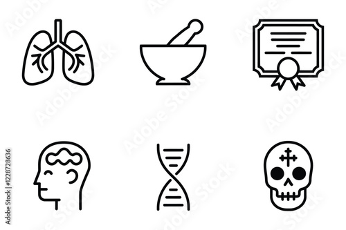 Medical and Science Line Icon Set – Lungs, Mortar and Pestle, Certification, Head and Throat, DNA, Skull