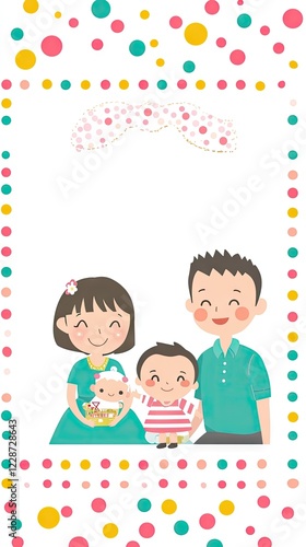 Happy family portrait, colorful dots background, newborn baby, family announcement photo