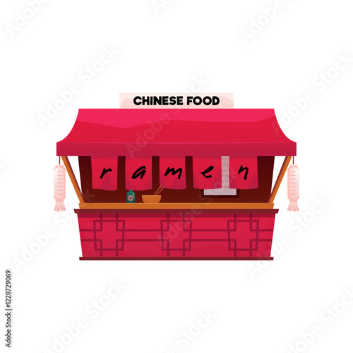 Street Cafe, Chinese and Ramen snacks shop, vector flat vintage wooden red facade with canopy, oriental Asian fast food
