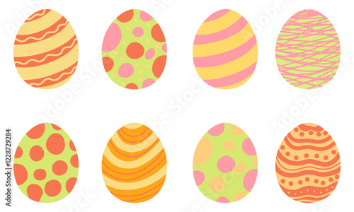 Colorful Easter Eggs set. Vector flat style illustrations. Dots, lines, stripes