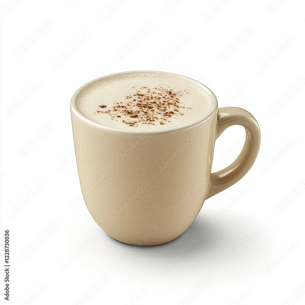 Creamy latte, spiced topping, beige mug, white background, cafe menu Creamy latte, spiced topping, beige mug, white background, cafe menu