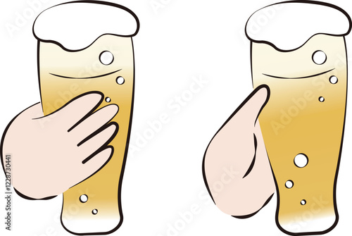 夏　ビール　生ビール　手描き　乾杯　お酒　グラス　手　人物　イラスト素材