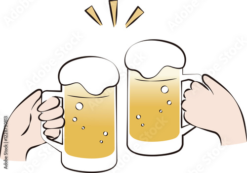 夏　ビール　生ビール　乾杯　ビジネス　人物　手描き　お酒　ジョッキ　手　イラスト素材