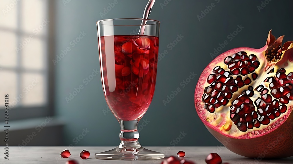 A glass of pomegranate juice with fresh seeds, ultra-realistic 3D rendering. A glass of pomegranate juice with fresh seeds, ultra-realistic 3D rendering.