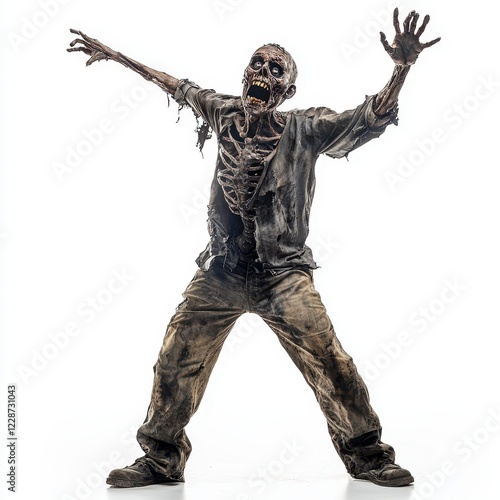 Dramatic Zombie Standing with Arms Raised and Looking Forward