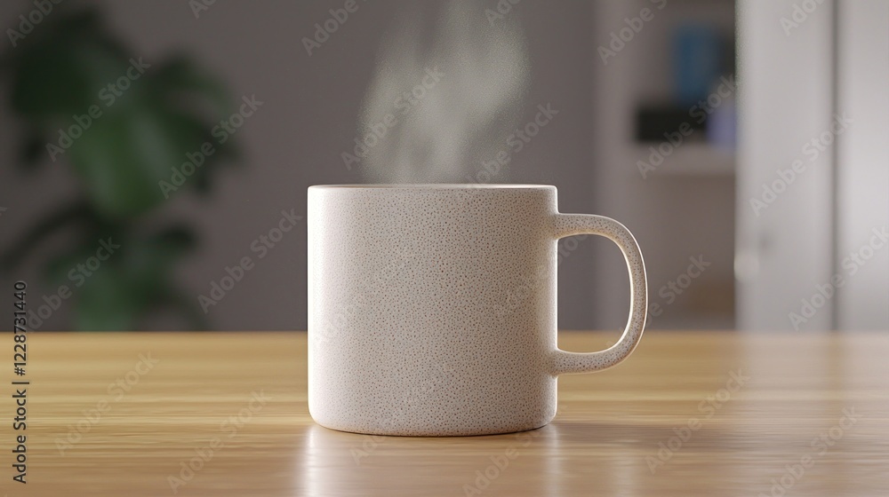 Speckled Beige Mug with Steam on Wooden Table Speckled Beige Mug with Steam on Wooden Table