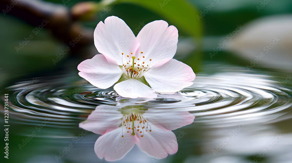 A delicate pink and white flower floats serenely on the water's surface, creating a tranquil and beautiful scene. A delicate pink and white flower floats serenely on the water's surface, creating a tranquil and beautiful scene.