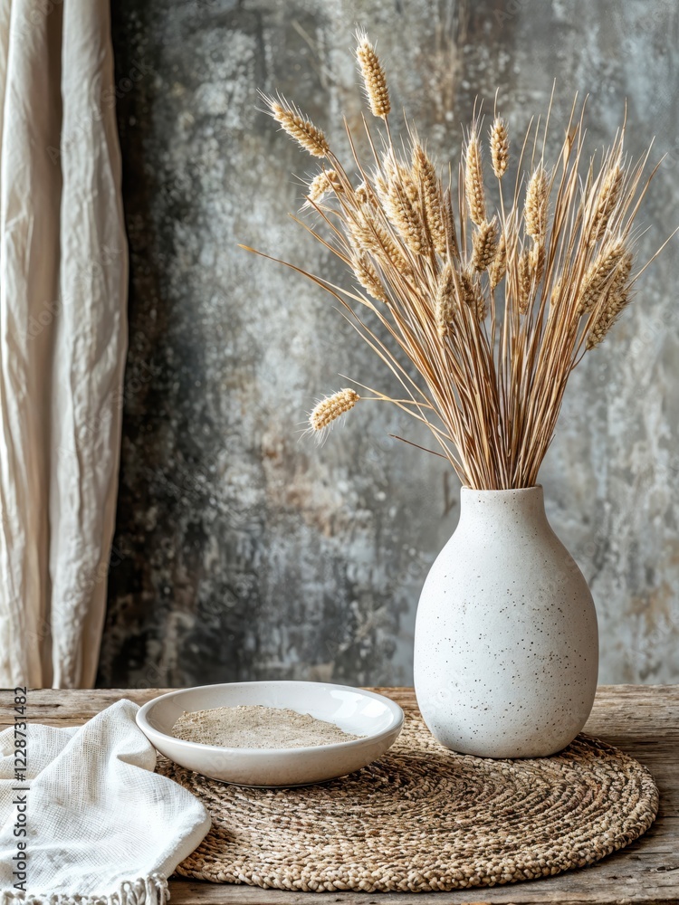A serene arrangement showcases dried wheat in a speckled vase, complemented by a simple bowl of grains on a woven placemat, all against a softly rustic background.
