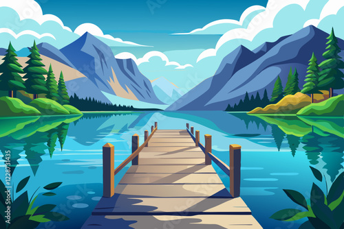 A wooden dock in a mountain lake