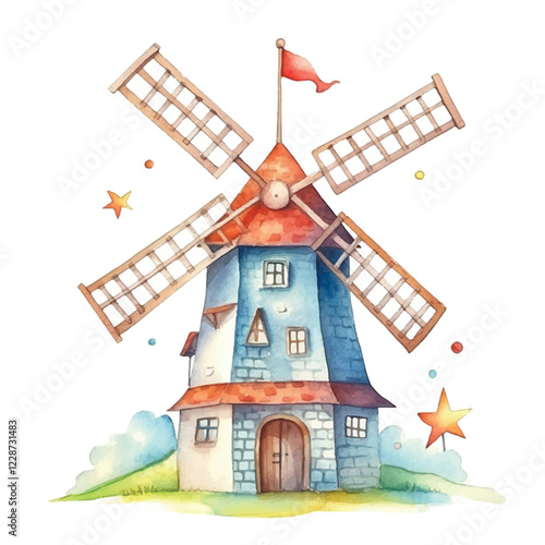 watercolors A whimsical windmill illustration