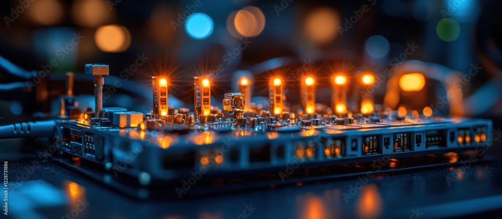 Obraz premium Illuminated circuit board with glowing components.