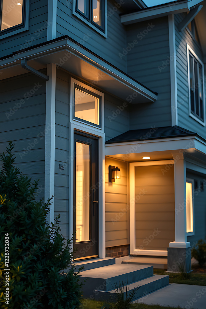 custom made wallpaper toronto digitalModern House Exterior at Night: Gray Siding, Contemporary Design, and Warm Lighting
