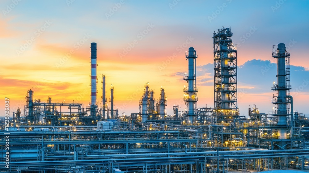 Fototapeta premium A biofuel-powered industrial zone with clear skies and greenery surrounding the plant.