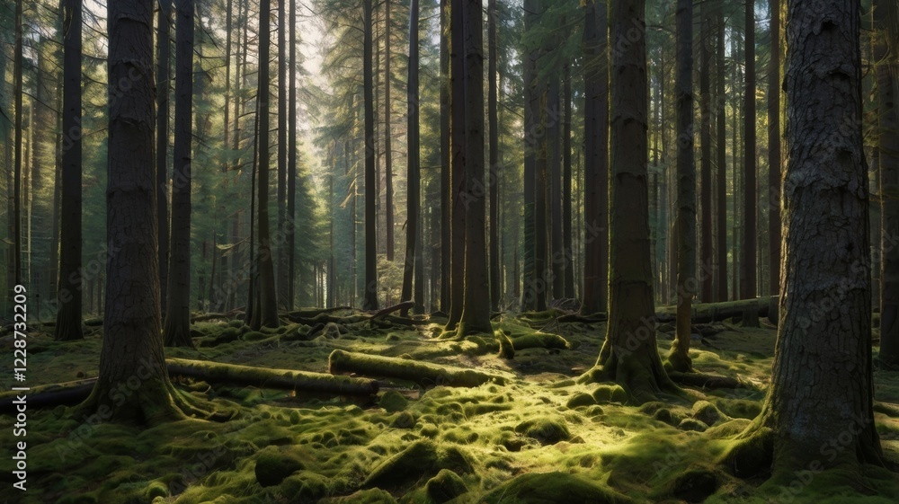 Fototapeta premium A mesmerizing view of towering trees in a dense forest with mossy ground and sunlight