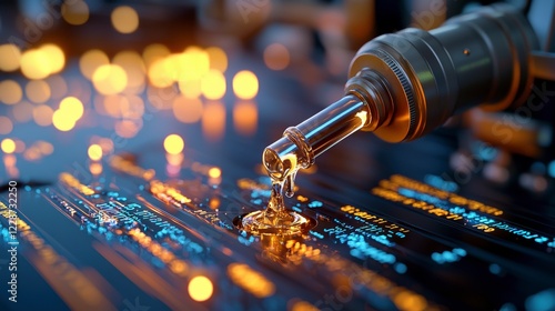 Close-Up of Liquid Dropping from a Pipette onto Circuit Board with Glowing Lights in Background