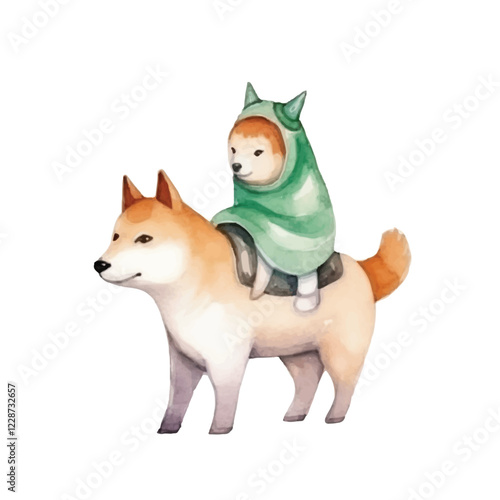 watercolors Cute shiba inu riding unicorn illustration