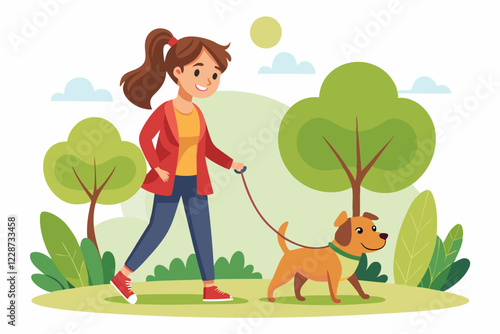 A girl walking with a her pet dog