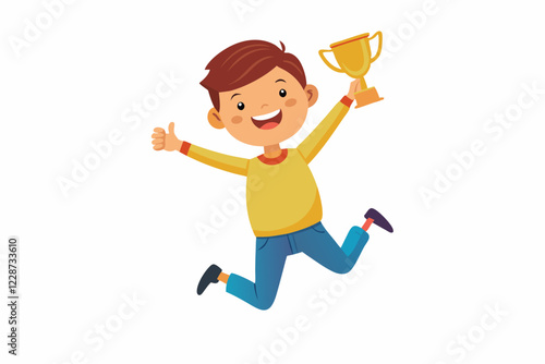 A boy jumping with joy with a tropy