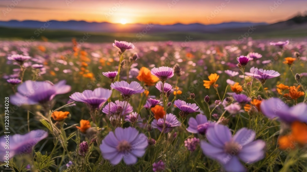Vibrant field of blooming wildflowers at sunset with orange and purple flowers in focus Vibrant field of blooming wildflowers at sunset with orange and purple flowers in focus