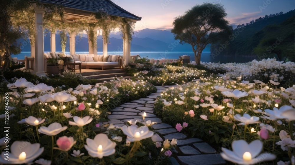 Obraz premium Serene Outdoor Lounge with Illuminated Flowers at Dusk overlooking ocean mountains