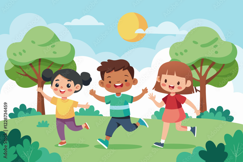 Happy children jumping and running during the leisure Happy children jumping and running during the leisure