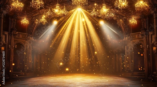 Golden spotlight illuminates grand ballroom stage