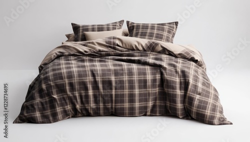 Brown and beige plaid duvet cover set on a bed. photo