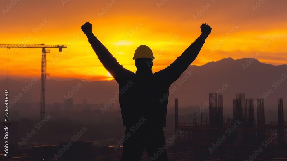 Fototapeta premium Construction Worker Silhouette Sunset Success Achievement