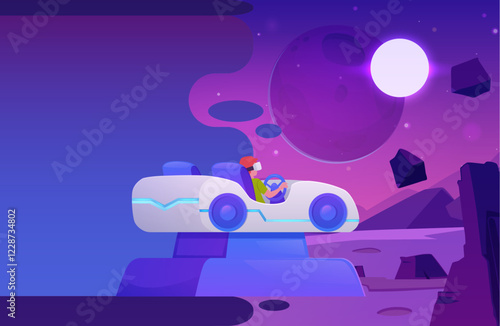 Vector illustration of character traveling by car in virtual galaxy.