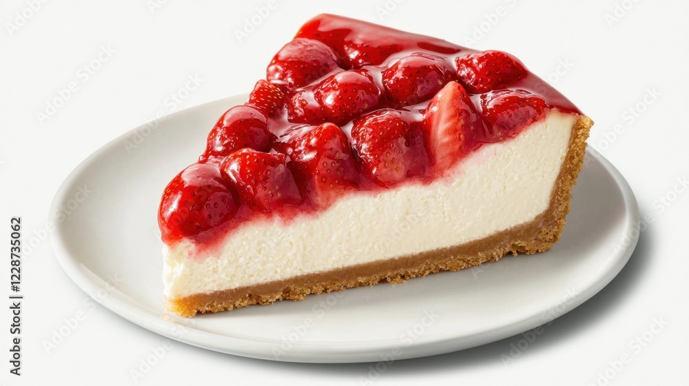 A slice of strawberry cheesecake on a white plate