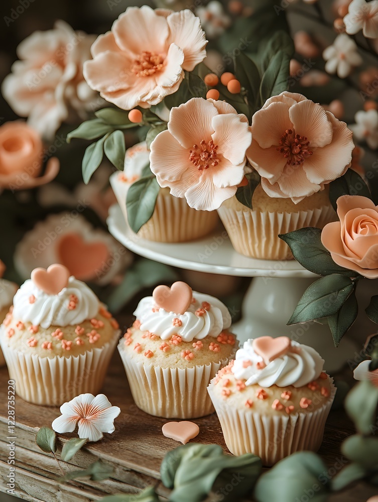 Elegant Floral Cupcakes on Rustic Wooden Stand for Gourmet Dessert Display Elegant Floral Cupcakes on Rustic Wooden Stand for Gourmet Dessert Display
