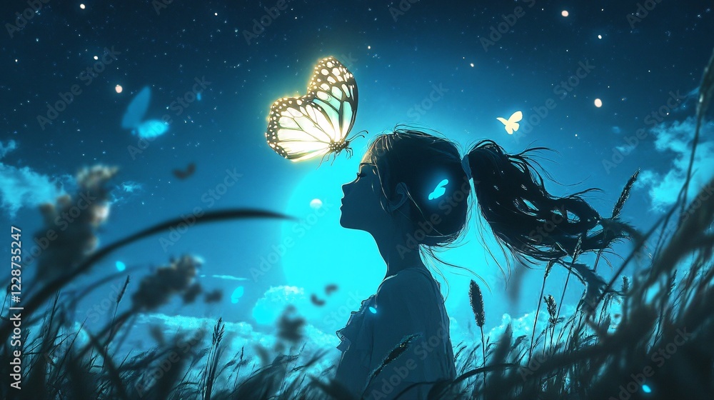 Fototapeta premium Enchanting Silhouette of a Girl Gazing at a Beautiful Butterfly Under a Starry Night Sky With a Radiant Moon Illuminating a Peaceful Meadow