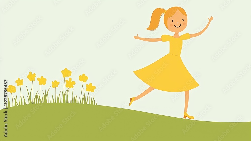 Girl joyfully skips spring meadow, daffodils background, happy child illustration, website banner Girl joyfully skips spring meadow, daffodils background, happy child illustration, website banner