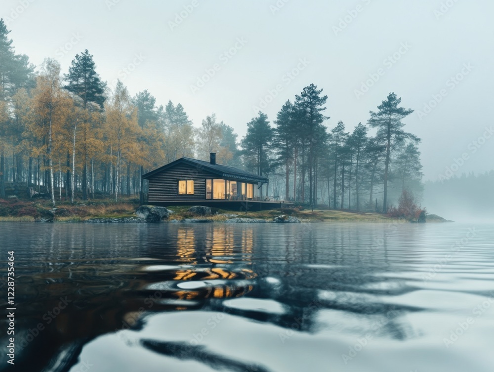 Serene cabin retreat by the misty lake tranquil nature scene landscape photography peaceful environment low angle view Serene cabin retreat by the misty lake tranquil nature scene landscape photography peaceful environment low angle view