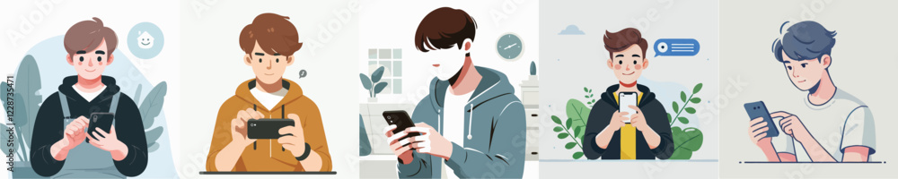 vector of male characters playing with cellphones vector of male characters playing with cellphones