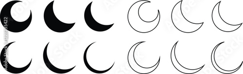 Moon and Crescent Icon in flat, line Set Vector Design for apps or website isolated on transparent background moon Lunar phases, cycles vector clipart. New, Full Moon, Waning Crescent