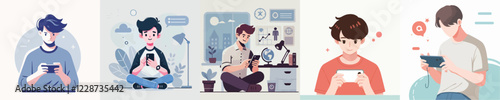 vector of male characters playing with cellphones