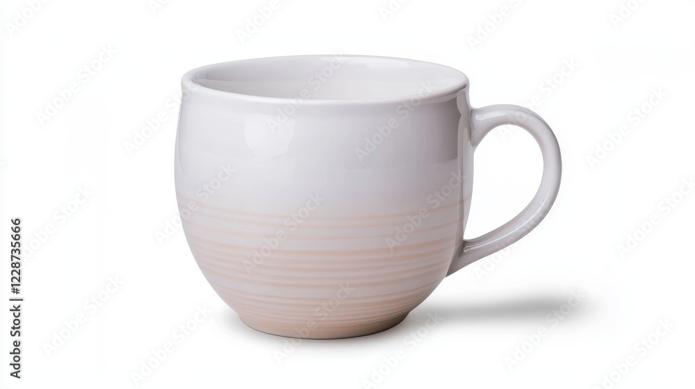 Off White Ceramic Mug with Beige Ombre Lines and Curved Handle on White Background Off White Ceramic Mug with Beige Ombre Lines and Curved Handle on White Background