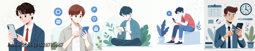vector of male characters playing with cellphones