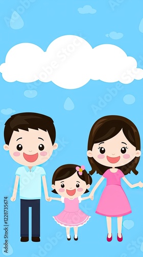 Happy family holding hands under cloudy sky