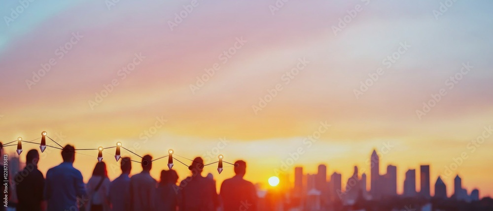 Fototapeta premium Silhouetted People at Sunset City Skyline String Lights