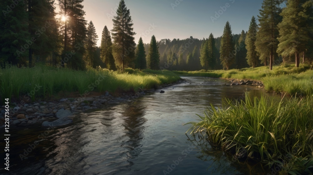 A tranquil river flows through a lush forest at sunset with sunlight streaming through the trees A tranquil river flows through a lush forest at sunset with sunlight streaming through the trees