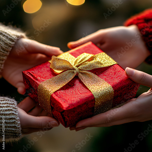 Two hands exchanging a beautifully wrapped holiday gift with a festive atmosphere. photo