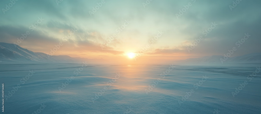 Obraz premium Serene sunset over a snow-covered, windswept arctic landscape.