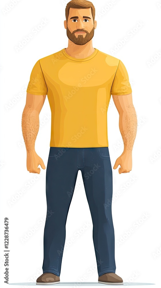 Fototapeta premium Muscular man, yellow shirt, jeans, studio, portrait, website avatar