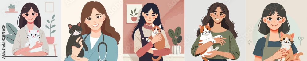 Obraz premium vector set of female characters holding a cat